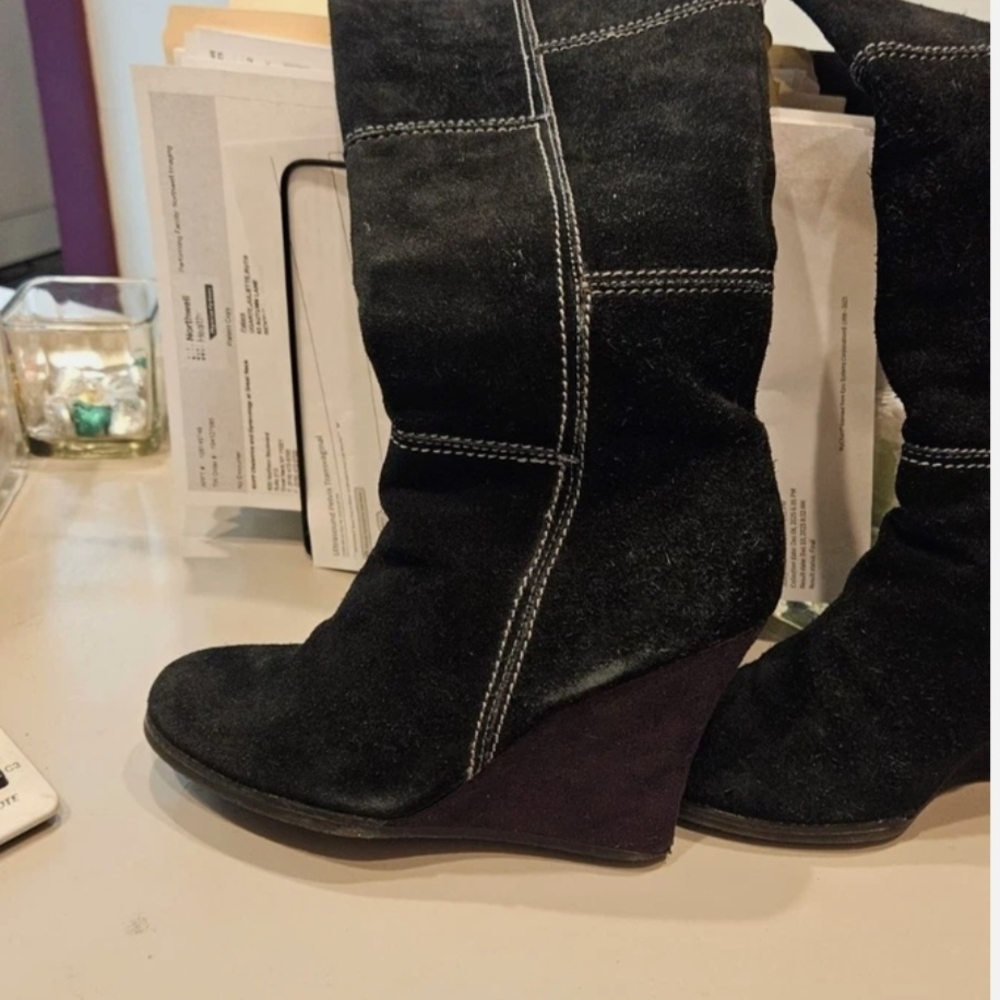 Dr Sholls Black Suede Patchwork Wedge Boots - Picture 4 of 11